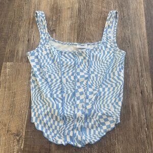 Rue21 Crop Tank Top Blue White Swirl Checked Lettuce Trim Women’s Size Small